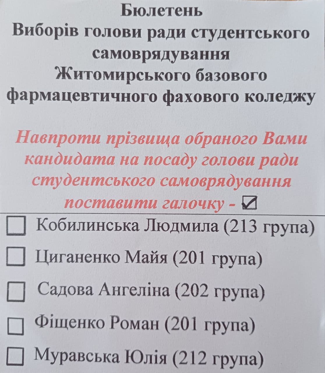 Голосування за кандидатів на посаду голови ради студентського самоврядування коледжу